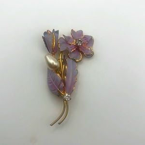 Vintage Signed Flower Brooch with Pearl and 2 White Rhinestones